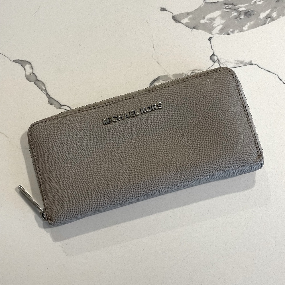 Michael Kors Gray Saffiano Zip Around Wallet